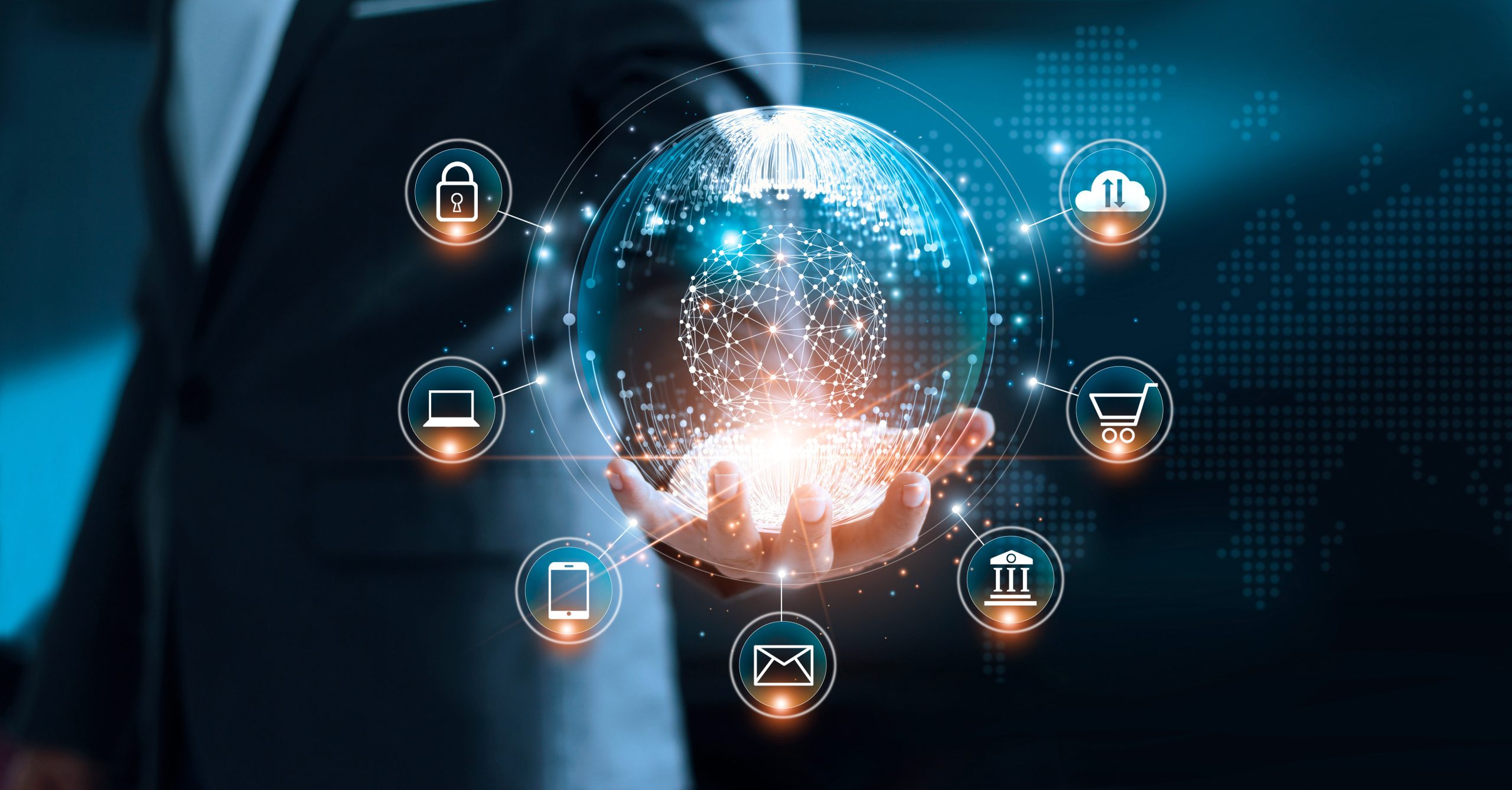 Digital marketing. Businessman holding global circle modern inte