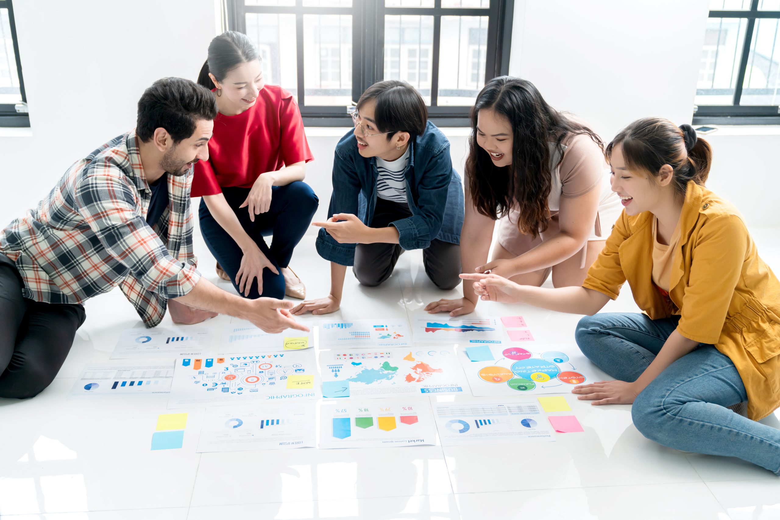 Group of asian and caucasian young creative happy enjoy laugh sm